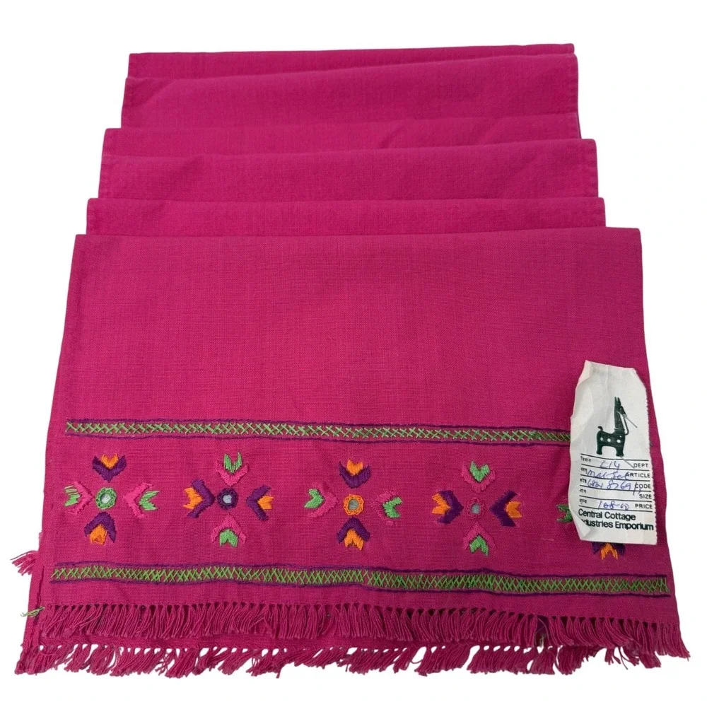 Placemats Set 12 Pink Embroidered Cotton Boho Handmade Fringe Ethnic Table Decor